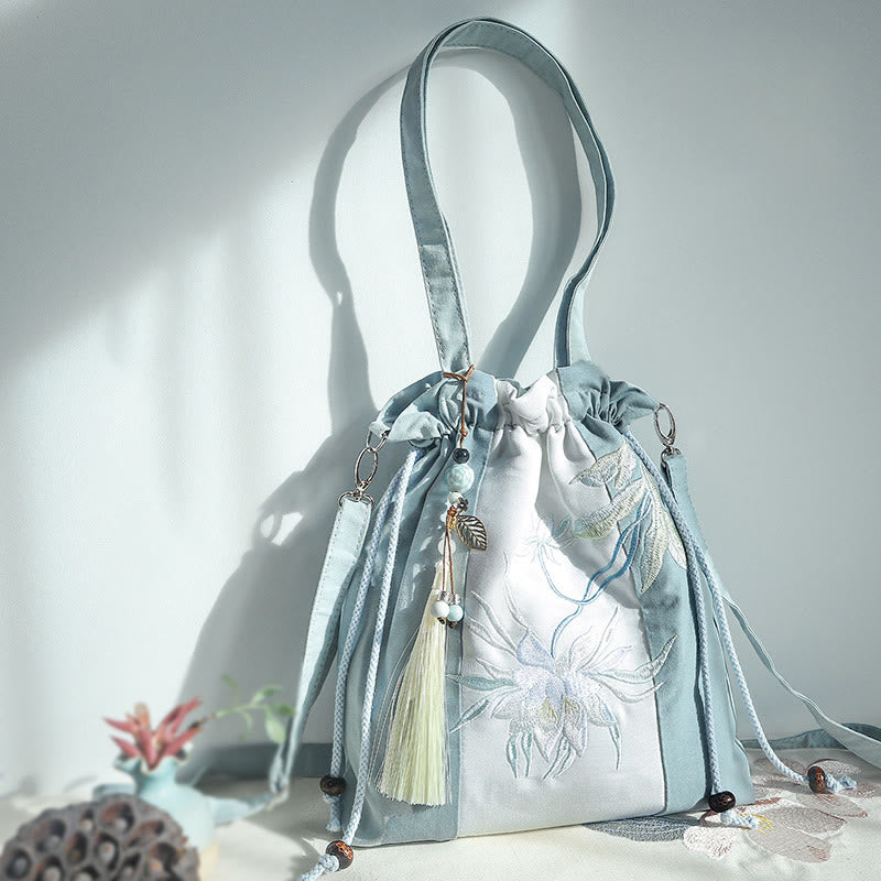 Sac fourre-tout en toile brodé de Buddha Stones , sac à bandoulière, sac à main, poire verte et bleue, Epiphyllum