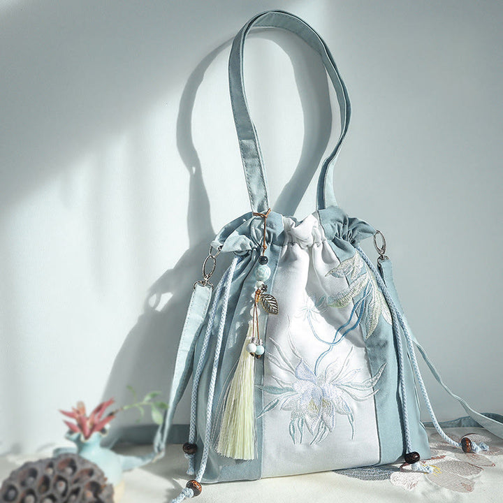Sac fourre-tout en toile brodé de Buddha Stones , sac à bandoulière, sac à main, poire verte et bleue, Epiphyllum