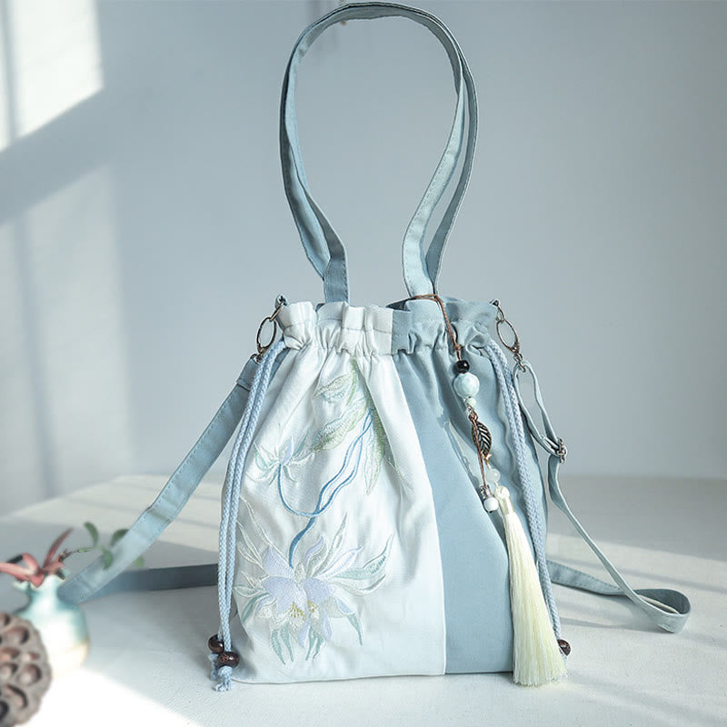 Sac fourre-tout en toile brodé de Buddha Stones , sac à bandoulière, sac à main, poire verte et bleue, Epiphyllum