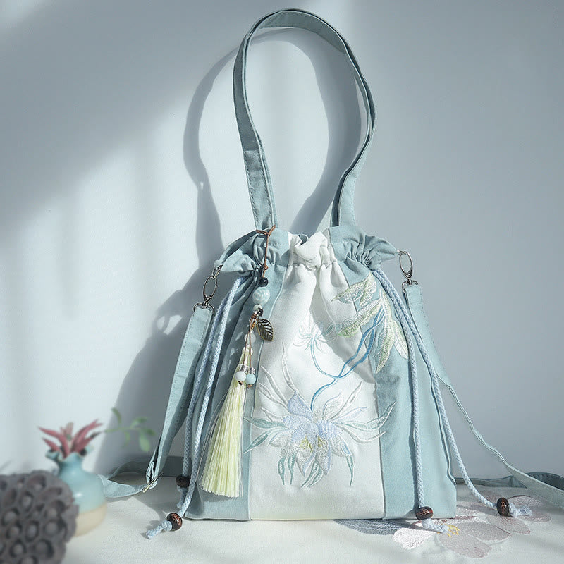 Sac fourre-tout en toile brodé de Buddha Stones , sac à bandoulière, sac à main, poire verte et bleue, Epiphyllum