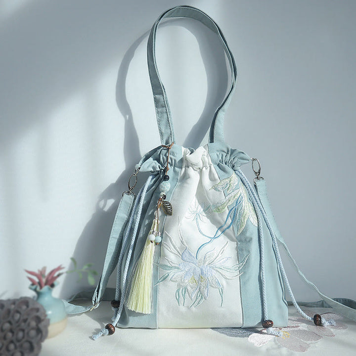 Sac fourre-tout en toile brodé de Buddha Stones , sac à bandoulière, sac à main, poire verte et bleue, Epiphyllum