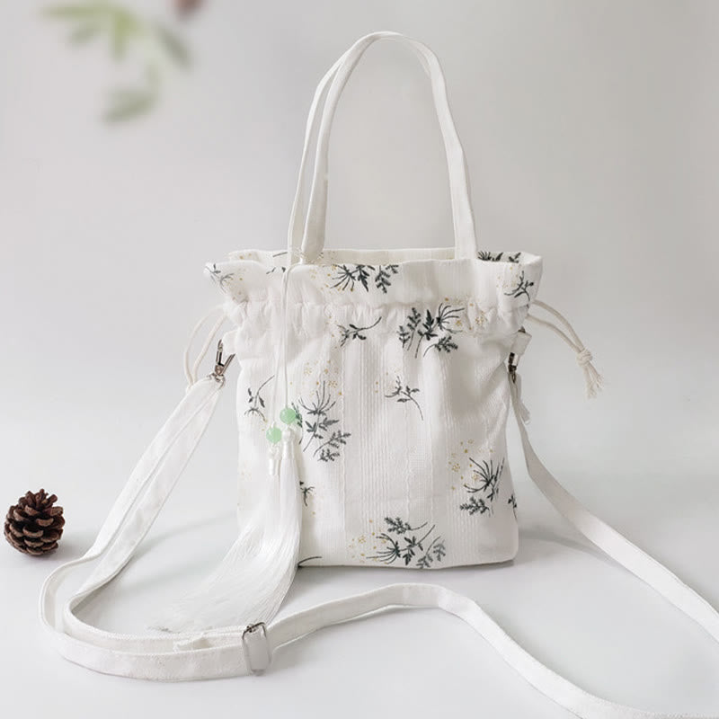 Sac fourre-tout en toile avec Buddha Stones , fleurs blanches et feuilles vertes, sac à bandoulière, sac à main