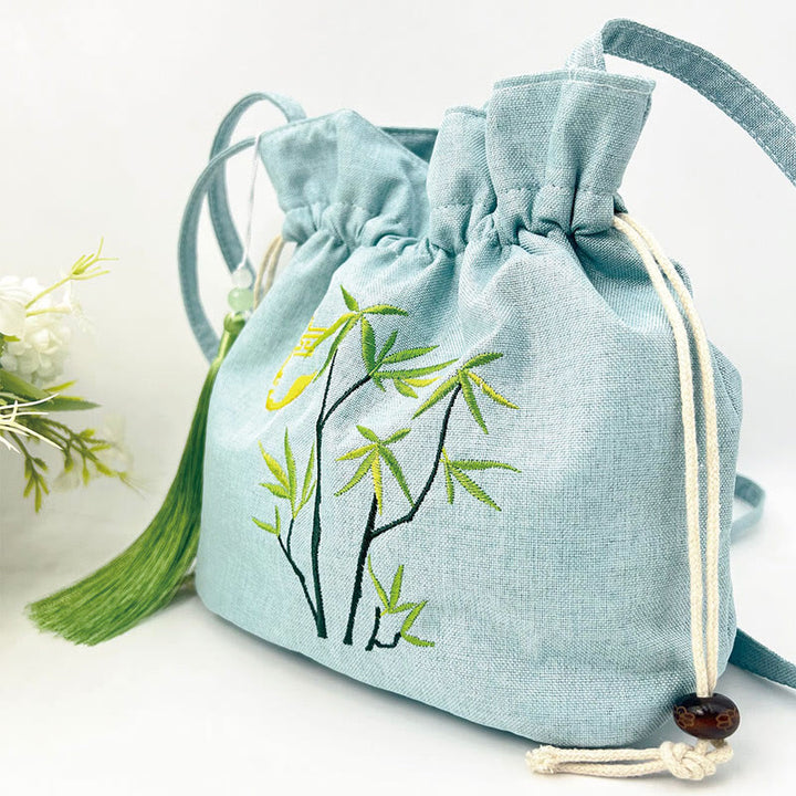 Sac à bandoulière en coton et lin de bambou vert brodé de Buddha Stones