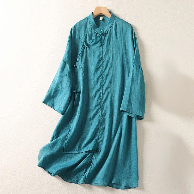 Robe midi en coton et lin à manches longues et boutons grenouilles Buddha Stones pour femme - Cyan foncé - US8-10，UK/AU12-14，EU40-42 (2XL) - image 17