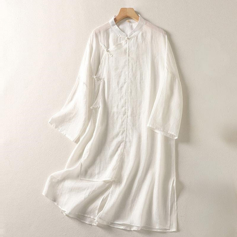 Robe midi en coton et lin à manches longues et boutons grenouilles Buddha Stones pour femme - FloralBlanc - US8-10，UK/AU12-14，EU40-42 (2XL) - image 6