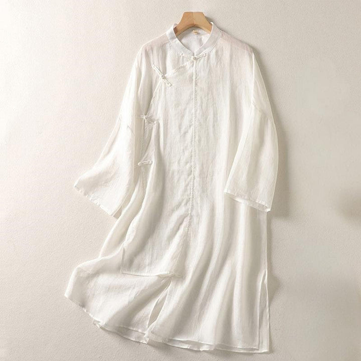 Robe midi en coton et lin à manches longues et boutons grenouilles Buddha Stones pour femme - FloralBlanc - US8-10，UK/AU12-14，EU40-42 (2XL) - image 6