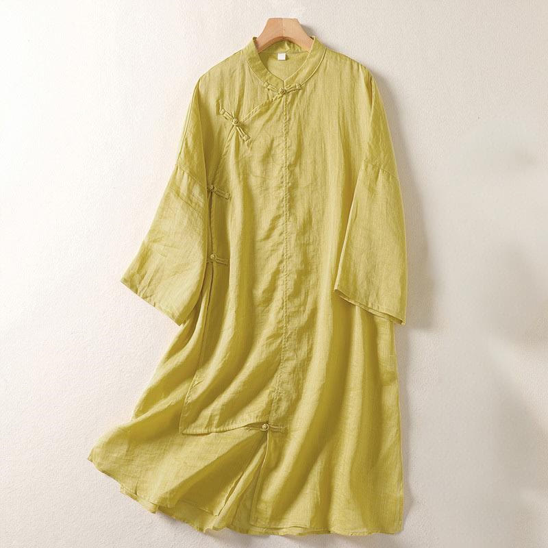 Robe midi en coton et lin à manches longues et boutons grenouilles Buddha Stones pour femme - Kaki - US8-10，UK/AU12-14，EU40-42 (2XL) - image 0