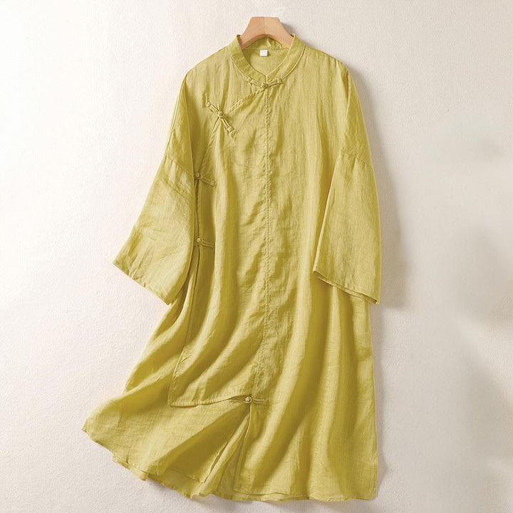 Robe midi en coton et lin à manches longues et boutons grenouilles Buddha Stones pour femme - Kaki - US8-10，UK/AU12-14，EU40-42 (2XL) - image 0