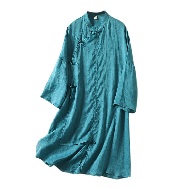 Robe midi en coton et lin à manches longues et boutons grenouilles Buddha Stones pour femme - image 23