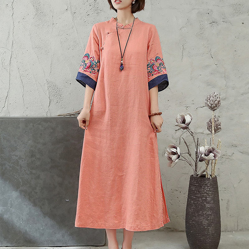 Robe mi-longue en coton et lin pour femme, broderie de Buddha Stones , boutons grenouille, manches mi-longues - image 1