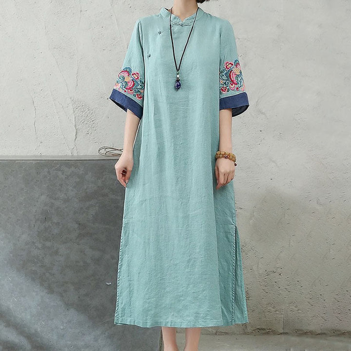 Robe mi-longue en coton et lin pour femme, broderie de Buddha Stones , boutons grenouille, manches mi-longues - image 8