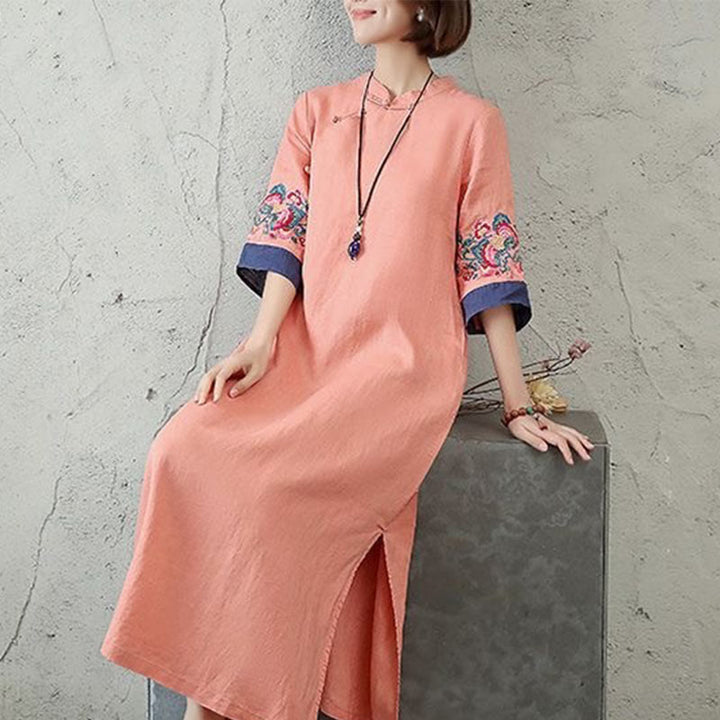 Robe mi-longue en coton et lin pour femme, broderie de Buddha Stones , boutons grenouille, manches mi-longues - image 4