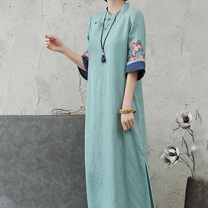 Robe mi-longue en coton et lin pour femme, broderie de Buddha Stones , boutons grenouille, manches mi-longues - image 9