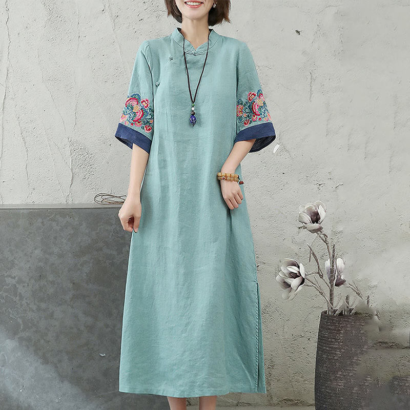 Robe mi-longue en coton et lin pour femme, broderie de Buddha Stones , boutons grenouille, manches mi-longues - image 7