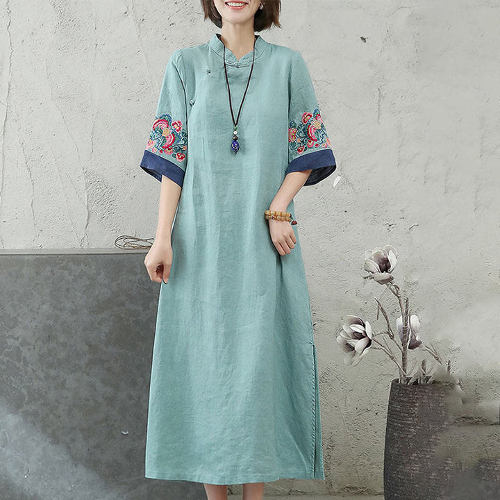 Robe mi-longue en coton et lin pour femme, broderie de Buddha Stones , boutons grenouille, manches mi-longues - image 7