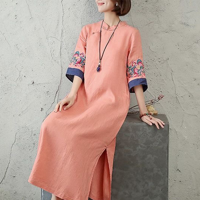 Robe mi-longue en coton et lin pour femme, broderie de Buddha Stones , boutons grenouille, manches mi-longues - image 4