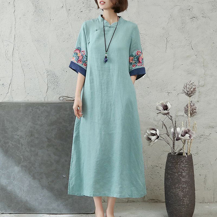 Robe mi-longue en coton et lin pour femme, broderie de Buddha Stones , boutons grenouille, manches mi-longues - Turquoise moyen - US14，UK/AU18，EU46 (4XL) - image 5