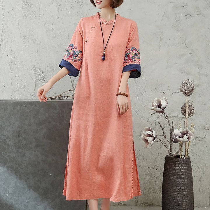 Robe mi-longue en coton et lin pour femme, broderie de Buddha Stones , boutons grenouille, manches mi-longues - Saumon clair - US14，UK/AU18，EU46 (4XL) - image 0