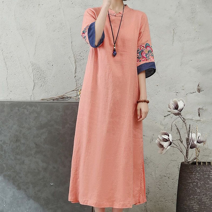 Robe mi-longue en coton et lin pour femme, broderie de Buddha Stones , boutons grenouille, manches mi-longues - image 3