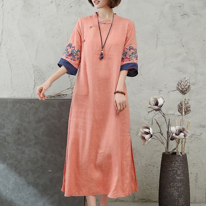 Robe mi-longue en coton et lin pour femme, broderie de Buddha Stones , boutons grenouille, manches mi-longues - Saumon clair - US14，UK/AU18，EU46 (4XL) - image 0