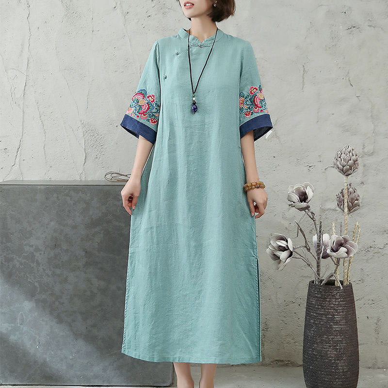 Robe mi-longue en coton et lin pour femme, broderie de Buddha Stones , boutons grenouille, manches mi-longues - image 6