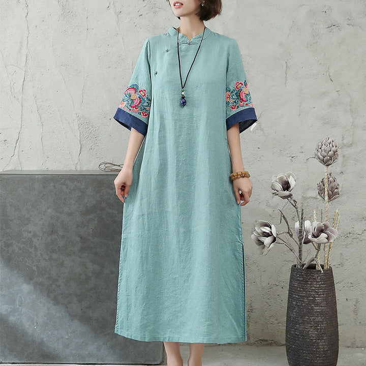 Robe mi-longue en coton et lin pour femme, broderie de Buddha Stones , boutons grenouille, manches mi-longues - image 6