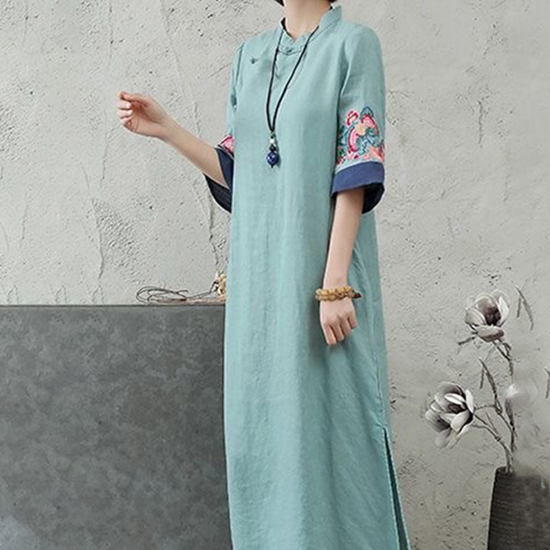 Robe mi-longue en coton et lin pour femme, broderie de Buddha Stones , boutons grenouille, manches mi-longues - image 9