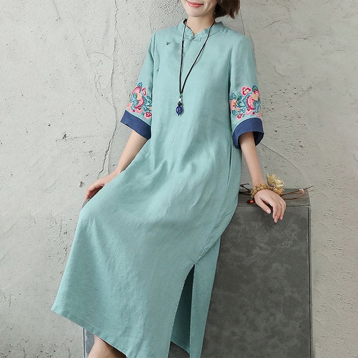 Robe mi-longue en coton et lin pour femme, broderie de Buddha Stones , boutons grenouille, manches mi-longues - image 10