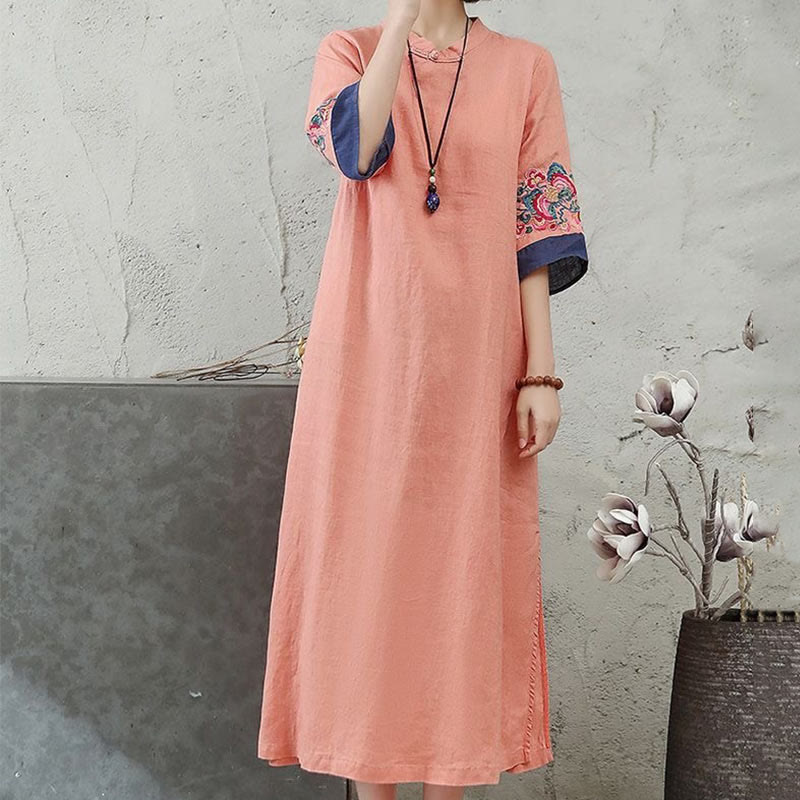 Robe mi-longue en coton et lin pour femme, broderie de Buddha Stones , boutons grenouille, manches mi-longues - image 3