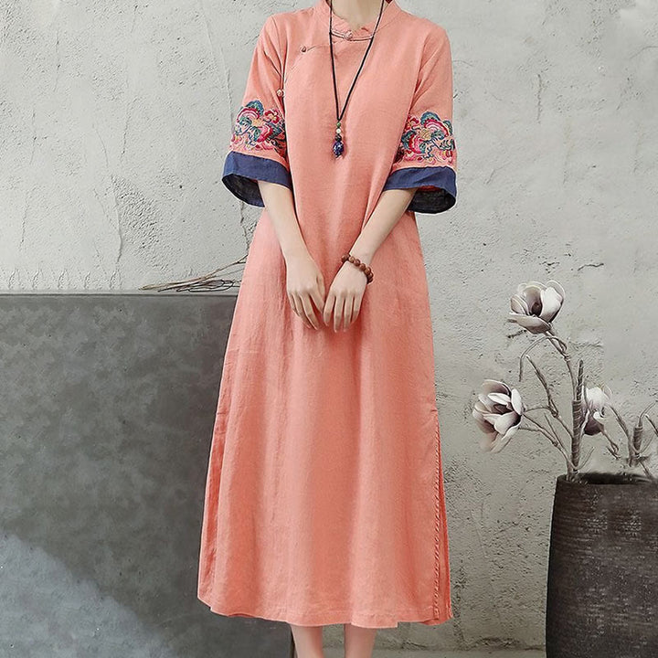 Robe mi-longue en coton et lin pour femme, broderie de Buddha Stones , boutons grenouille, manches mi-longues - image 2