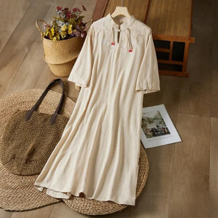 Robe mi-longue en coton et lin pour femme, broderie vintage Buddha Stones, manches mi-longues, taille haute, boutons grenouille - Beige - US16，UK/AU20，EU48 (5XL) - image 6