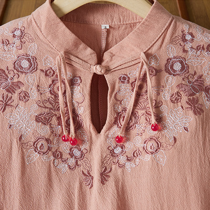 Robe mi-longue en coton et lin pour femme, broderie vintage Buddha Stones, manches mi-longues, taille haute, boutons grenouille - image 14