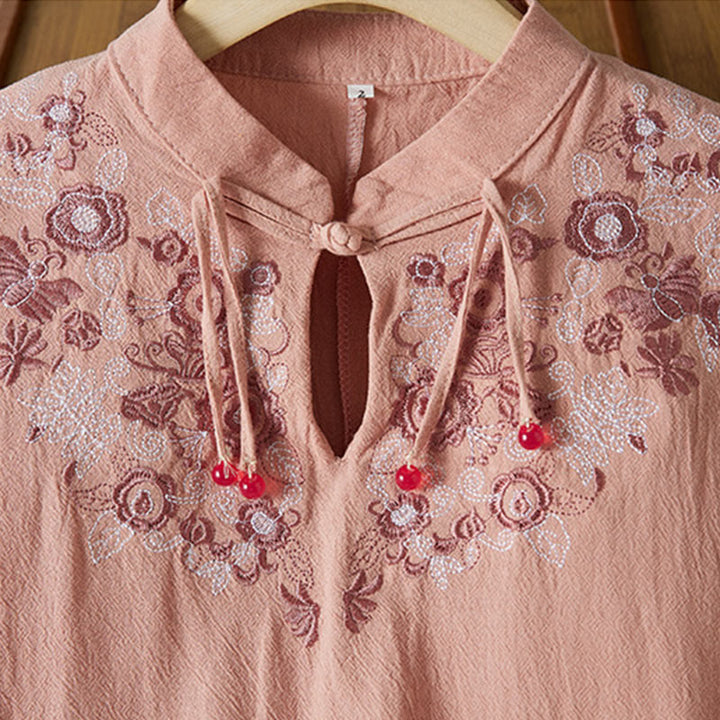 Robe mi-longue en coton et lin pour femme, broderie vintage Buddha Stones, manches mi-longues, taille haute, boutons grenouille - image 14