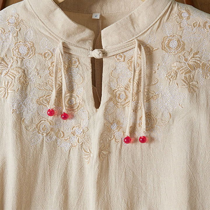 Robe mi-longue en coton et lin pour femme, broderie vintage Buddha Stones, manches mi-longues, taille haute, boutons grenouille - image 8