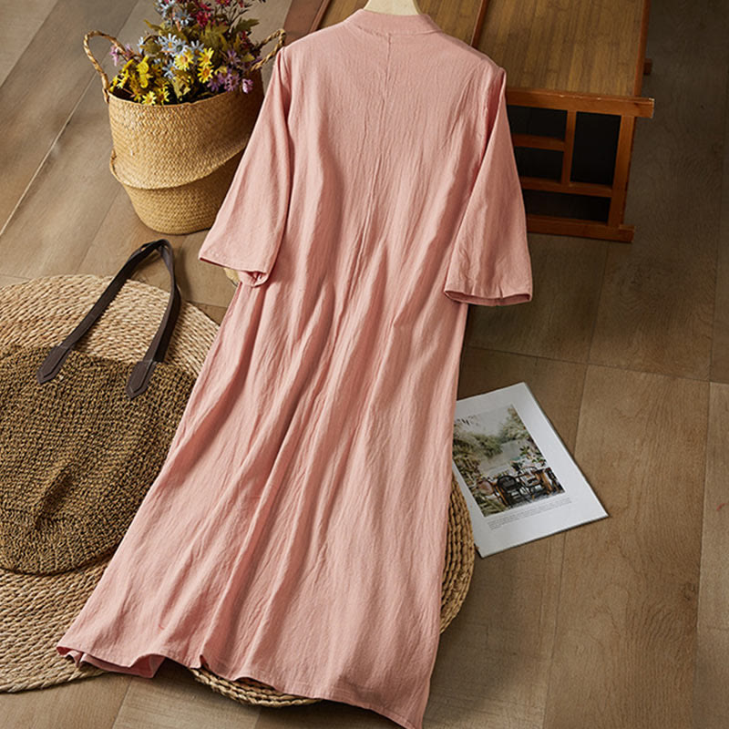 Robe mi-longue en coton et lin pour femme, broderie vintage Buddha Stones, manches mi-longues, taille haute, boutons grenouille - image 13