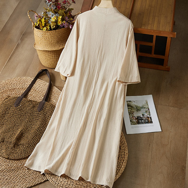 Robe mi-longue en coton et lin pour femme, broderie vintage Buddha Stones, manches mi-longues, taille haute, boutons grenouille - image 7