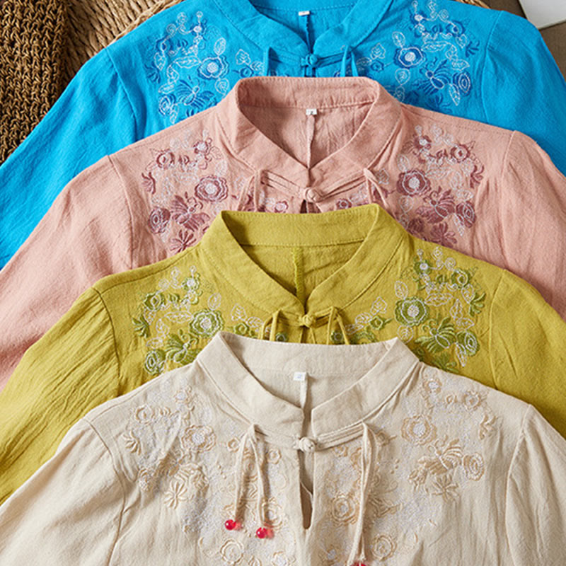 Robe mi-longue en coton et lin pour femme, broderie vintage Buddha Stones, manches mi-longues, taille haute, boutons grenouille - image 25