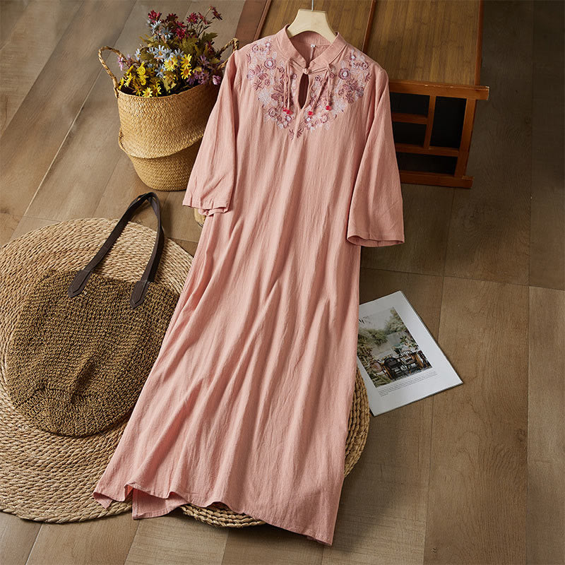 Robe mi-longue en coton et lin pour femme, broderie vintage Buddha Stones, manches mi-longues, taille haute, boutons grenouille - Saumon foncé - US16，UK/AU20，EU48 (5XL) - image 12