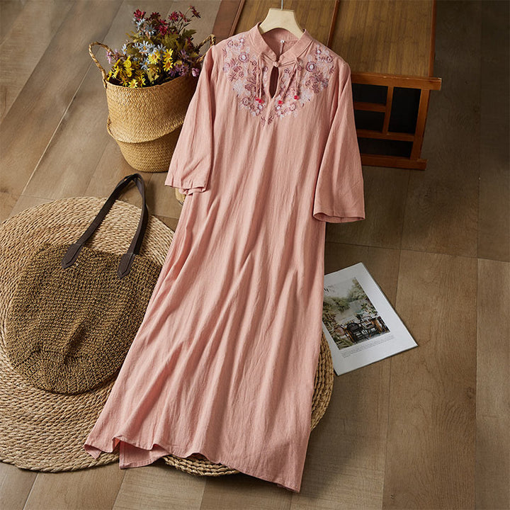 Robe mi-longue en coton et lin pour femme, broderie vintage Buddha Stones, manches mi-longues, taille haute, boutons grenouille - Saumon foncé - US16，UK/AU20，EU48 (5XL) - image 12