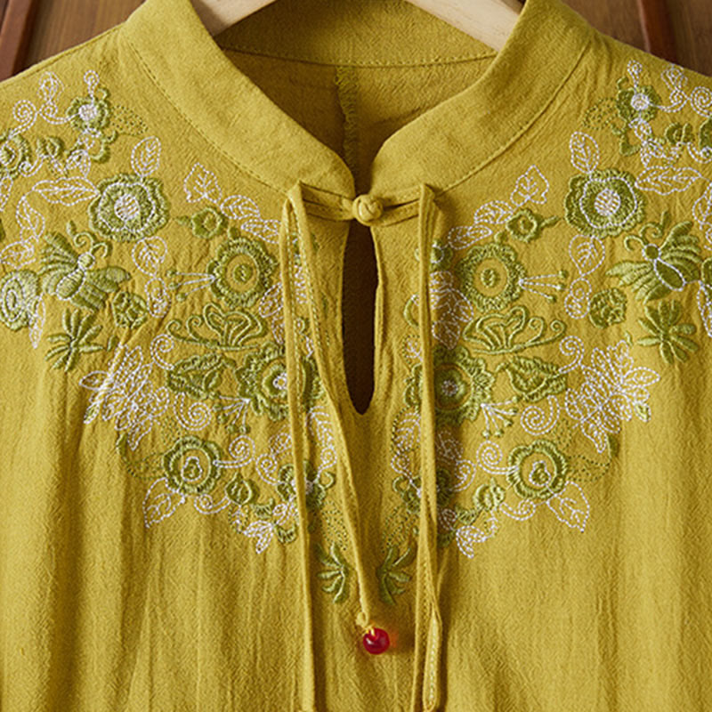 Robe mi-longue en coton et lin pour femme, broderie vintage Buddha Stones, manches mi-longues, taille haute, boutons grenouille - image 2