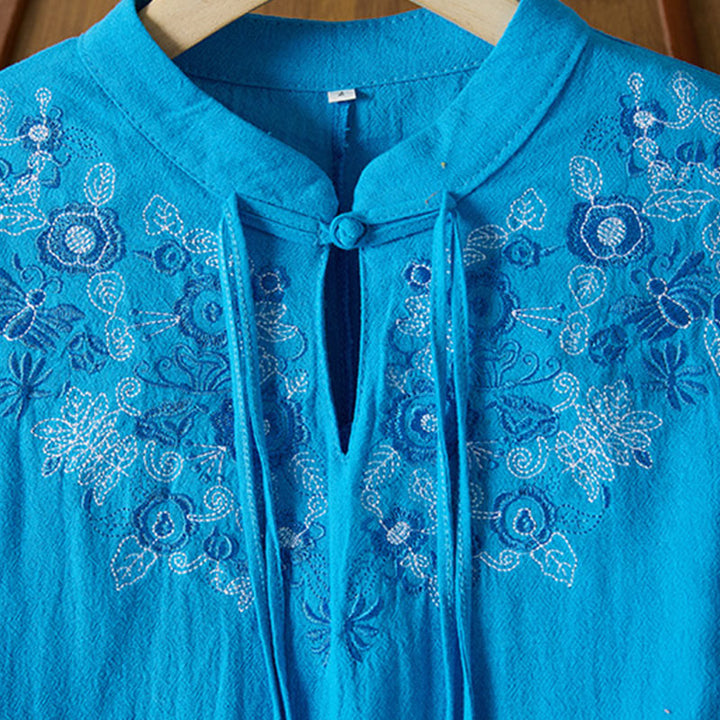 Robe mi-longue en coton et lin pour femme, broderie vintage Buddha Stones, manches mi-longues, taille haute, boutons grenouille - image 20