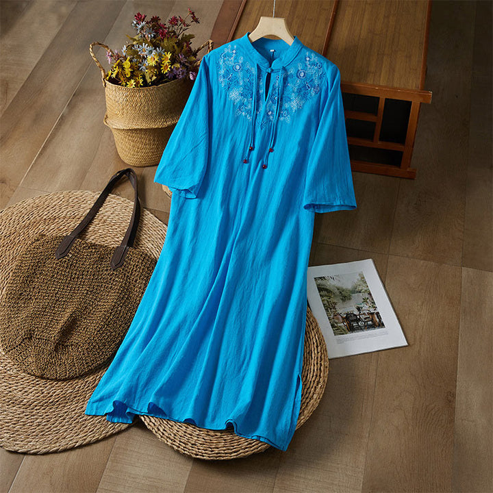 Robe mi-longue en coton et lin pour femme, broderie vintage Buddha Stones, manches mi-longues, taille haute, boutons grenouille - DodgerBlue - US16，UK/AU20，EU48 (5XL) - image 18