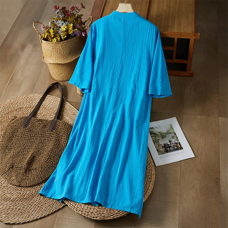 Robe mi-longue en coton et lin pour femme, broderie vintage Buddha Stones, manches mi-longues, taille haute, boutons grenouille - image 19