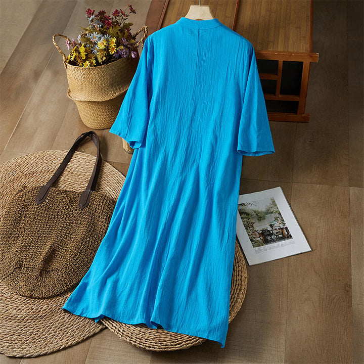 Robe mi-longue en coton et lin pour femme, broderie vintage Buddha Stones, manches mi-longues, taille haute, boutons grenouille - image 19