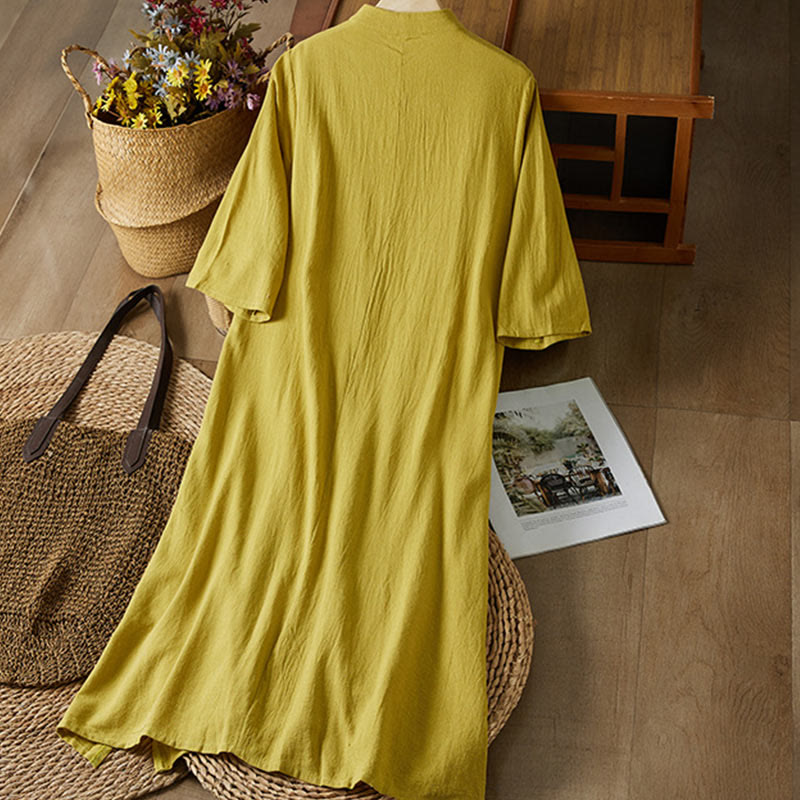 Robe mi-longue en coton et lin pour femme, broderie vintage Buddha Stones, manches mi-longues, taille haute, boutons grenouille - image 1