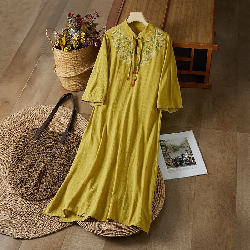 Robe mi-longue en coton et lin pour femme, broderie vintage Buddha Stones, manches mi-longues, taille haute, boutons grenouille - Verge d'or - US16，UK/AU20，EU48 (5XL) - image 0