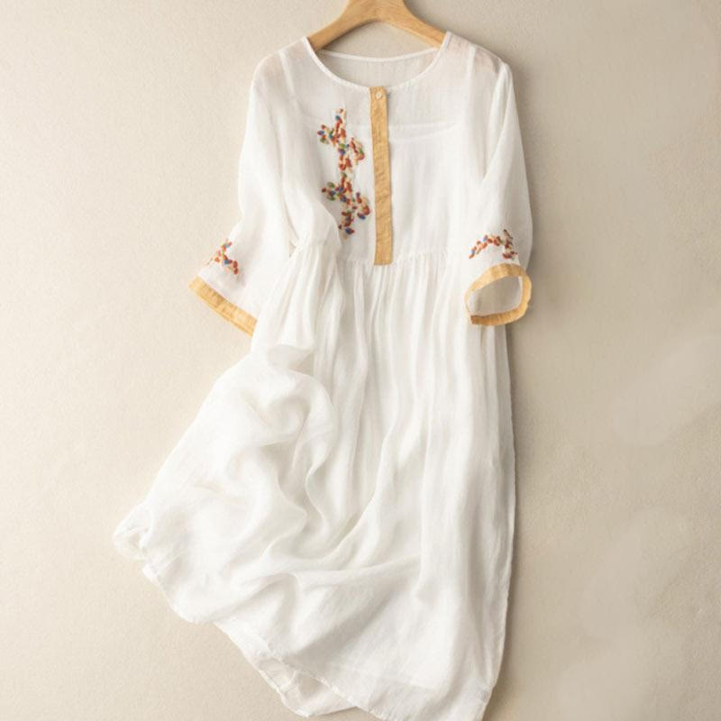 Robe mi-longue en coton et lin à manches mi-longues et broderie ethnique Buddha Stones Spring pour femme - Blanc - US8-10，UK/AU12-14，EU40-42 (2XL) - image 1