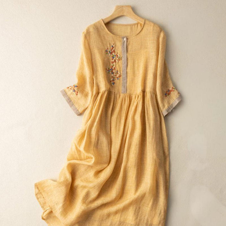 Robe mi-longue en coton et lin à manches mi-longues et broderie ethnique Buddha Stones Spring pour femme - Or - US8-10，UK/AU12-14，EU40-42 (2XL) - image 3