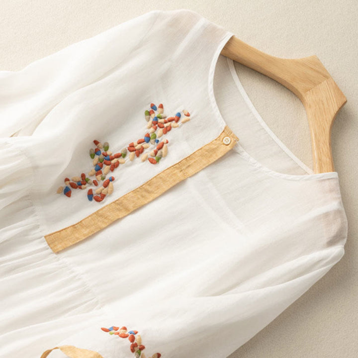 Robe mi-longue en coton et lin à manches mi-longues et broderie ethnique Buddha Stones Spring pour femme - image 1