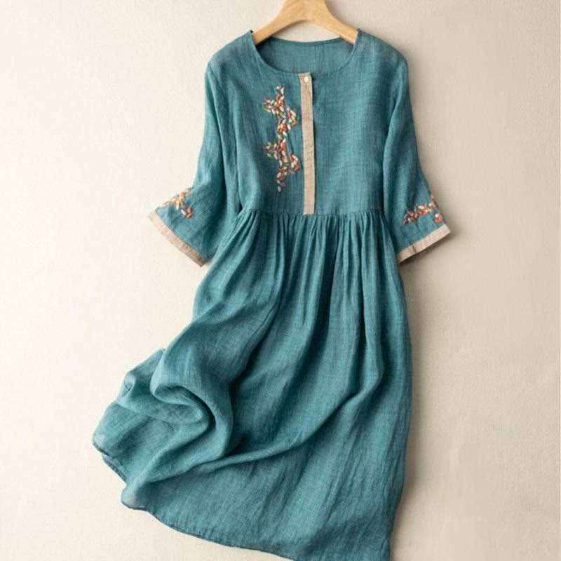 Robe mi-longue en coton et lin à manches mi-longues et broderie ethnique Buddha Stones Spring pour femme - Sarcelle - US8-10，UK/AU12-14，EU40-42 (2XL) - image 7